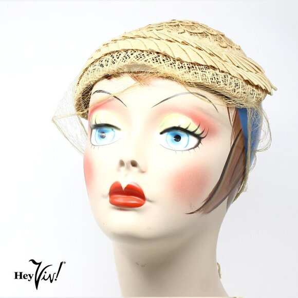 Vintage 50s Cocktail Hat Ivory Intricate Lace Design Rhinestones Veil - Hey Viv - Picture 2 of 6